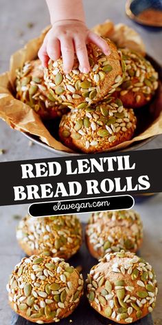 red lentil bread rolls with sunflower seeds on top and in the background, there is a child reaching for one