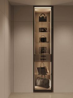 an empty display case with many purses and handbags on it's shelves