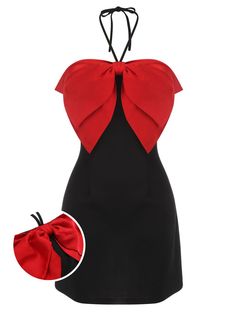 Black&Red 1960s Bow-knot Patchwork Wrap Dress Black And Red Vintage Dress, Cute Red Dress With Bow, Red Summer Dress With Bow, Black Mini Dress With Bow Tie Back, Black Mini Dress With Bow Straps, Retro Stage, Bow Knot, 1960's Dress, 1940s Dresses