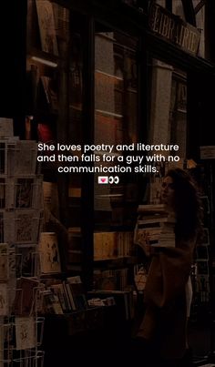 a woman standing in front of a book store with a quote about love and literature