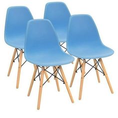 three blue plastic chairs with wooden legs