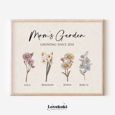 This Antique Birth Month Flower print representing your family member is the perfect Christmas gift for Mom or Grandma. The text can be personalized to "Grandma's Garden", "Mom's Garden", "Nana's Garden", "Gigi's Garden" or "Grandparents' Garden" to feature your family story.  Crafted to order, this custom artwork makes for a thoughtful gift or a beautiful addition to your own home decor. Current turnaround time is 3 business days.  Opt for the digital download option to seamlessly integrate thi Mom Tattoo Designs, Grandmas Garden, Garden Watercolor, Birth Month Flowers, Personalized Wall Art, Christmas Gifts For Mom, Birth Flowers, Flower Wall Art, Perfect Christmas Gifts