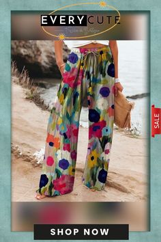 Chic Floral Print Side Pocket Pants Multicolor Trousers For Vacation, Multicolor Vacation Pants With Elastic Waistband, Multicolor Beach Pants For Spring, Multicolor Pants For Beach And Spring Season, Multicolor Spring Beach Pants, Spring Multicolor Beach Pants, Multicolor Pants With Elastic Waistband For Beach Season, Multicolor Trousers For Summer, Casual Multicolor High-waist Pants