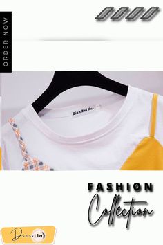 Fashion Colorblock Tee+denim Shorts P11539 Casual Cotton Tops With Contrast Color, Casual Summer T-shirt With Patchwork, Retro Patchwork T-shirt For Spring, Casual Tops With Contrast Color For Summer, Contrast Color Tops For Summer Streetwear, Spring White T-shirt With Contrast Color, Color Block T-shirt For Spring Streetwear, Casual White Patchwork T-shirt, Sporty Summer Tops With Contrast Color