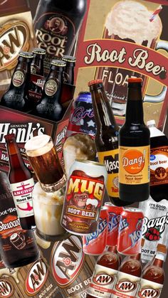 various types of beer are shown in this image, including root beer and hot sauces