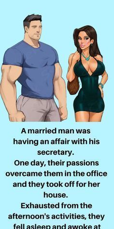 a man and woman standing next to each other in front of a blue background with the words, married man was having an affair with his secretary