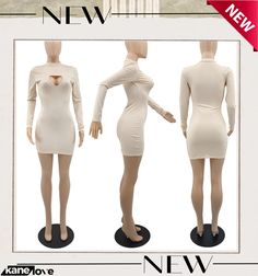 Sexy Solid Long Sleeve Hollow Slim Mini Dress Trendy Beige Bodycon Mini Dress, Beige Long Sleeve Stretch Mini Dress, Fitted Beige Mini Dress For Club, Beige Knee-length Bodycon Dress For Night Out, Beige Stretch Mini Dress For Club, Trendy Beige Mini Dress For Date Night, Beige Mini Dress For Going Out, Beige Stretch Knee-length Mini Dress, Fitted Beige Mini Dress For Going Out