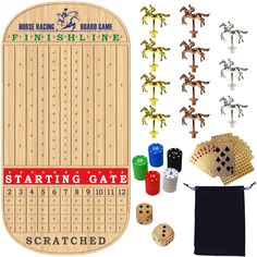 a wooden board game set with dices and other items to play on the board