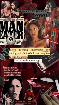 a collage of photos with the words man eater on it, including an image of a woman