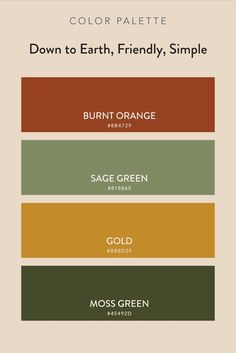 the color palette for burnt orange, burnt green and moss green is shown in three different shades