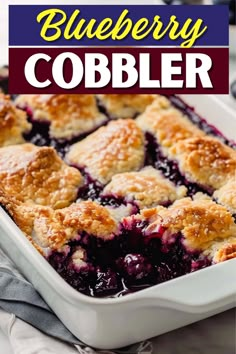 blueberry cobbler in a white dish with text overlay