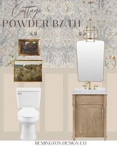 the bathroom is decorated in neutral colors and features an antique vanity, toilet, mirror, and wallpaper