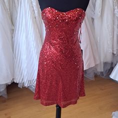 Sexy Red All Sequin Dress. Strapless Nwt Tried On In Boutique Setting. Size 8 Bust 37.5" Waist 28.5" Neckline To Hem 29" Side Zipper Red Fitted Mini Dress For Homecoming, Fitted Red Mini Dress For Homecoming, Red Fitted Strapless Evening Dress, Red Fitted Bodice Mini Dress For Prom, Red Strapless Sweetheart Neckline Dress For Night Out, Red Strapless Fitted Mini Dress, Red Fitted Glamorous Strapless Dress, Red Fitted Prom Mini Dress, Red Fitted Mini Strapless Dress