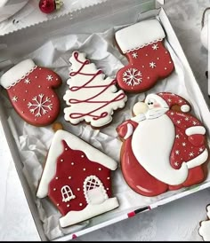 decorated christmas cookies in a box on a table