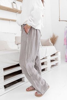 Gray High Waist Drawstring Wide Legs Casual Pants Spring Linen Leisure Bottoms, Spring Gray Pants With Drawstring, Spring Gray Drawstring Pants, Gray Pants For Leisure In Spring, Gray Leisure Pants For Spring, Relaxed Spring Bottoms With Drawstring, Gray Drawstring Pants For Spring, Comfortable Gray Drawstring Bottoms, Casual Gray Drawstring Bottoms