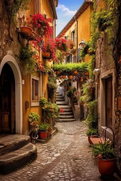 an alleyway with potted plants and stairs leading to the upper floor, surrounded by stone buildings