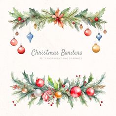 watercolor christmas borders with holly and baubles