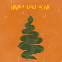 a green christmas tree on an orange background with the words happy new year above it