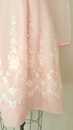 Pink Wedding Dress With Sheer Sleeves, Sheer Pink Dress For Wedding, Spring Organza Dress With Lace Trim, Fitted Pink Dress With Sheer Sleeves, Pink Fitted Dress With Sheer Sleeves, Fitted Pink Vintage Prom Dress, Vintage Dresses With Sheer Sleeves For Spring, Vintage Organza Dress For Spring, Pink Dress With Lace Sleeves For Spring