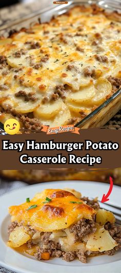 an easy hamburger potato casserole recipe on a white plate with the title above it