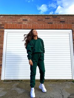 Pea Street has handmade the best quality loungewear for you peas. This bottle green brush back sweatshirt jumper is super cute to go with the matching joggers and crop top. Ribbed collar, waistband and cuffs. model size 8-10 wearing size 10 handmade to order, high quality fabric. Green Athleisure Joggers For Winter, Green Relaxed Fit Joggers For Fall, Green Joggers For Fall Loungewear, Green Fleece Tops For Loungewear, Green Fleece Top For Loungewear, Green Fleece Loungewear Top, Trendy Green Sweatpants For Winter, Sporty Green Joggers With Ribbed Cuffs, Sporty Green Joggers For Fall