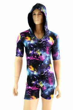 Mens UV Glow Galaxy Tee Length Sleeve Hoodie Romper w/Black Zen Hood Liner Party Animal Festival Rav Fitted Hooded Hoodie With Graphic Print, Fitted Hooded Graphic Hoodie, Fitted Graphic Print Hoodie, Fitted Graphic Print Hoodie Top, Fitted Tops With Adjustable Hood For Streetwear, Fitted Hooded Top With Adjustable Hood, Hoodie Romper, Mens Hoodies, Party Animal