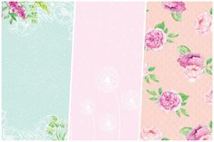 three different floral wallpapers with pink and green flowers on the left, blue and pink