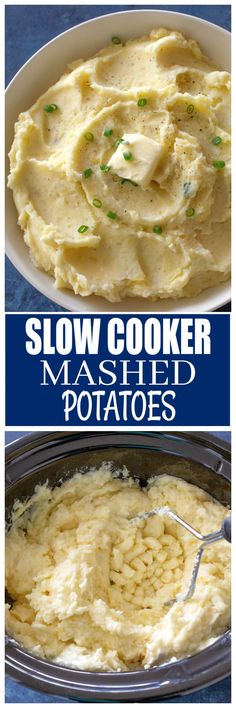 mashed potatoes in a slow cooker with the words slow cooker mashed potatoes