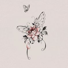 a flower and butterfly tattoo design on the back of a woman's shoulder,