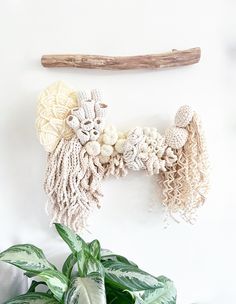 a white wall hanging next to a green plant and a wooden stick on the wall