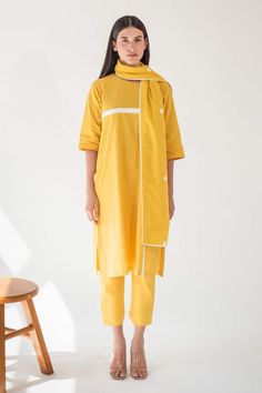 Yellow kurta with contrast white stripe applique patterns. Comes with pant and stole. - Aza Fashions Applique Kurta, Yellow Kurta, Kurta Pant Set, A Line Kurta, Kurta With Pants, Applique Patterns, Pant Set, Set For Women, Aza Fashion