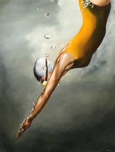 an oil painting of a woman diving in the water with bubbles floating around her head