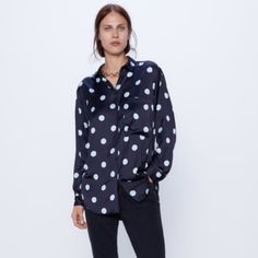 Brand New Zara Polka Dot Satin Shirt. Color-Black And Light Blue. One Front Pocket. Polka Dot Long Sleeve Tops For Workwear, Polka Dot Long Sleeve Shirt For Workwear, Casual Polka Dot Button-up Blouse, Casual Button-up Polka Dot Blouse, Zara Polka Dot Long Sleeve Blouse, Zara Long Sleeve Polka Dot Blouse, Zara Black Collared Blouse, Casual Collared Blouse In Polka Dot, Casual Polka Dot Collared Blouse