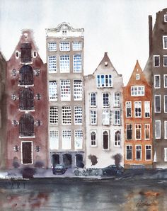 watercolor painting of buildings in the city