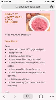 a pink menu with an image of food in the middle and text on it that reads copycat porky dean sausage