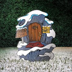 a cartoon image of a door in the snow