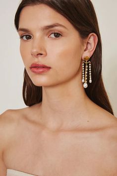 Crystal rhinestone strands with pearl tips suspend from a gold coin detail in these chandelier earrings. Base metal 2 1/2" drop Elegant Chandeliers, Gold Coin, Crown Jewels, Stylish Clothes For Women, Chan Luu, Black Rhinestone, Gold Coins, Pearl Drop Earrings, Black Crystals