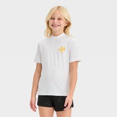 Add sun protection to your kiddo's swim outfits with this Short-Sleeve Sun Printed Rash Guard Top from Cat & Jack™. This short-sleeve rash guard features a sun print on one side of the chest. Made from stretchy fabric for ease of movement in and out of the water, it features pullover style with a crewneck for easy on and off, while the athletic fit offers a snug and comfy feel. Plus, the UPF 50+ rated material offers protection from the sun's harmful rays. Cat & Jack™: Kids’ clothing with an ima Summer Tops With Uv Protection And Short Sleeves, Summer Short Sleeve Tops With Uv Protection, Casual Rash Guard With Uv Protection For Playwear, Short Sleeve Swimwear With Uv Protection, Casual White Swimwear For Summer Activities, Summer Swimming Tops With Uv Protection, Playful Outdoor Swimwear With Upf 50+, Casual Short Sleeve Rash Guard For Beach, Playful White Short Sleeve Swimwear