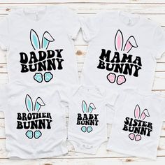 Bunny Family Shirts, Family Matching T-shirts, Family Tees, Easter Bunny Shirt, Matching family, Mama Bunny, Baby Bunny, Easter Outfit *Make sure to add each size and color individually!  🌟Welcome to CardaCreationsCo🌟 Garment Types & Features 💞Gildan Crewneck 1800 Unisex Heavy Blend Crewneck Sweatshirt💞 Medium-heavy fabric (8.0 oz/yd² (271.25 g/m Loose fit Runs true to size 50% cotton, 50% polyester Sewn-in label 💞Bella & Canvas 3001 Unisex Jersey Short Sleeve Shirt💞   100% Airlume combed Family Matching White T-shirt With Cartoon Print, Family Matching Cotton T-shirts For Family Events, Funny Family Cotton T-shirt, Funny Cotton T-shirt For Family, Matching Short Sleeve T-shirt For Family Events, Funny Short Sleeve T-shirt For Family Events, Cotton Graphic Print Top For Family Events, Cotton Tops With Graphic Print For Family Events, Pre-shrunk Family Matching T-shirt