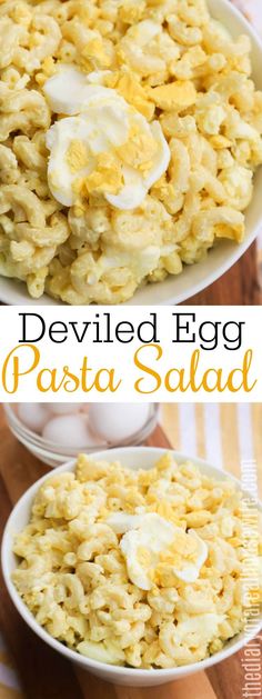 deviled egg pasta in a white bowl on a wooden table with text overlay