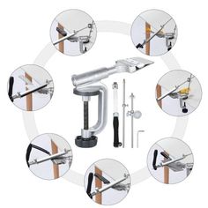 various tools are arranged in a circle on the white background, including an adjustable tool holder