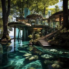 the house is surrounded by trees and water