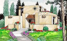 this is an artist's rendering of a house in the desert with flowers and trees