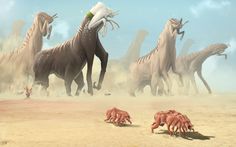 an artist's rendering of several dinosaurs attacking each other in the desert with sand and grass