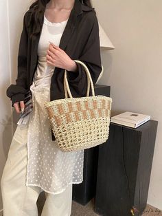 Bird in Bag - Elegant Women's Woven Basket Bag for Beach and Daily Use Cream Bags For Shopping In Beach Season, Casual Bucket Beach Bag For Shopping, Beige Beach Season Shopping Bag, Cream Casual Bucket Bag For Shopping, Beige Shoulder Bag For Vacation Shopping, Beige Shoulder Bag For Shopping On Vacation, Casual Rectangular Beach Bag For Shopping, Trendy Woven Bag For Vacation, Woven Bags For Daily Use And Vacation