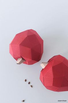 two pieces of red paper are next to each other on a white surface with seeds scattered around them