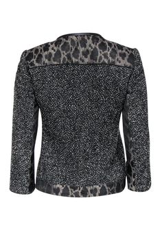 Size 2 Black & Grey Tweed & Leopard Print Jacket Comes w/original tags Retails for $548.00 Shell 70% virgin wool 30% nylon Yoke, center front, under sleeves, hem 43% acetate 33% wool 24% polyester Lining 95% polyester 5% elastane Trim 100% leather Lightly padded shoulders Concealed snap buttons down front Decorative hip pockets Shoulder to shoulder 14.5" Sleeve length 19.75" Bust 34.5" Waist 32" Shoulder to hem 21" Leopard Print Jacket, Grey Tweed, Elie Tahari, Print Jacket, Black Grey, Leopard Print, Black And Grey, Men Sweater, Size 2