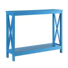 a blue shelf with two shelves underneath it