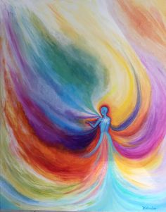 a painting of a woman with her arms out in front of an abstract rainbow swirl