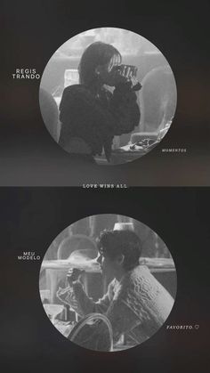 two circular images with the words love was all in black and white, on them